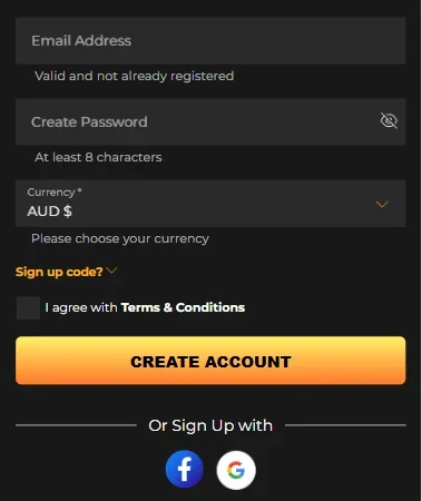 The ReefSpins registration form with currency and sign up code fields