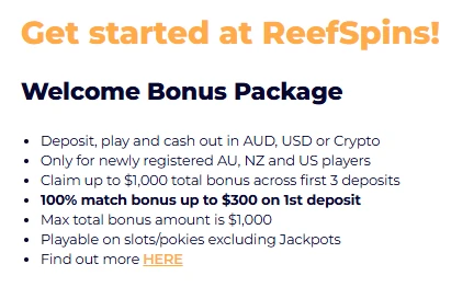 The ReefSpins welcome bonus package conditions as published by the operator
